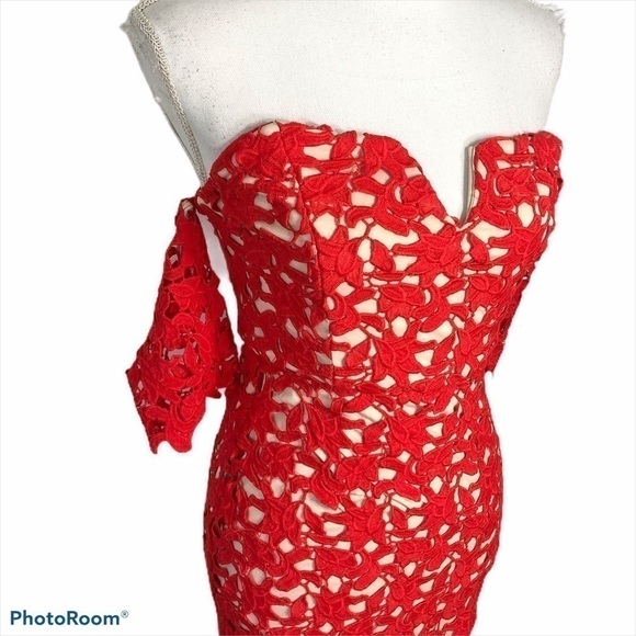 JOA Off the Shoulder Red Lace Mini Dress NWT XS - Picture 2 of 9